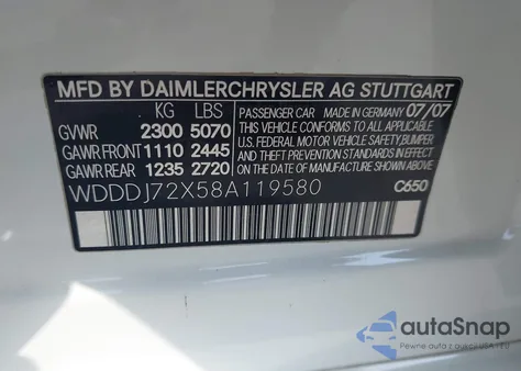 2008 Mercedes-Benz Cls 550 z USA, uszkodzony, nr VIN WDDDJ72X58A119580